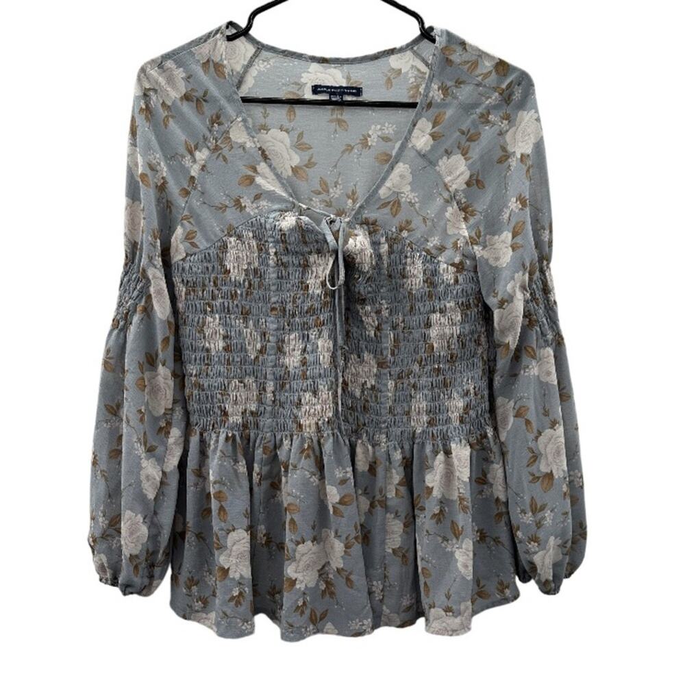 American Eagle Light Blue & White Floral Print Smocked Long Sleeve Top Size S